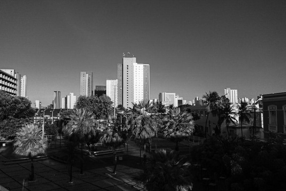 grayscale photo of city buildings