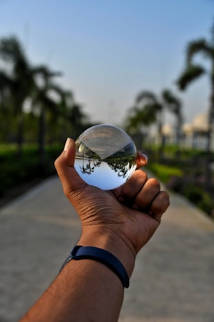 A hand is holding a clear crystal ball that reflects an upside-down image of a path lined with palm trees. The wrist of the hand wears a dark fitness band. The background features a blurred view of more palm trees and a clear blue sky.