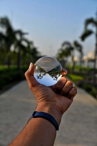 A hand is holding a clear crystal ball that reflects an upside-down image of a path lined with palm trees. The wrist of the hand wears a dark fitness band. The background features a blurred view of more palm trees and a clear blue sky.