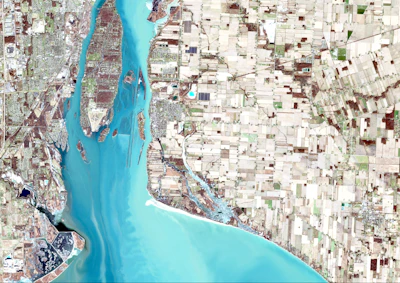 aerial view of a river and city