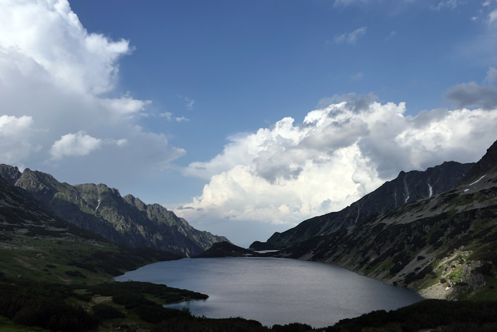 lake in the middle of mountains under blue sky and white clouds during daytime