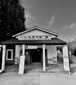 A rustic general store with a wooden porch and signs advertising coffee, pickles, and other goods. Two wooden chairs are placed on either side of the entrance. The facade features a vintage design with a prominent sign labeled 'Rust General Store'.