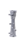 A metallic, cylindrical component with multiple protrusions and flanges. It has a polished, silver finish and is potentially a part of a machine or industrial equipment.
