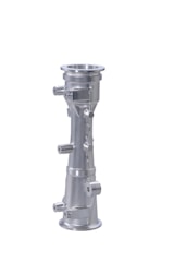 A metallic, cylindrical component with multiple protrusions and flanges. It has a polished, silver finish and is potentially a part of a machine or industrial equipment.