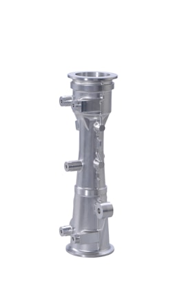 A metallic, cylindrical component with multiple protrusions and flanges. It has a polished, silver finish and is potentially a part of a machine or industrial equipment.