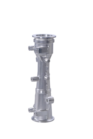 A metallic, cylindrical component with multiple protrusions and flanges. It has a polished, silver finish and is potentially a part of a machine or industrial equipment.