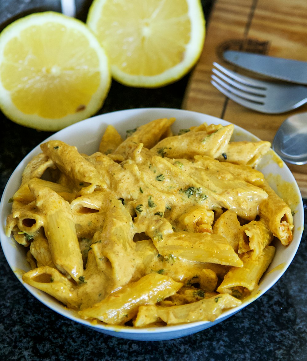 pasta dish on white ceramic bowl