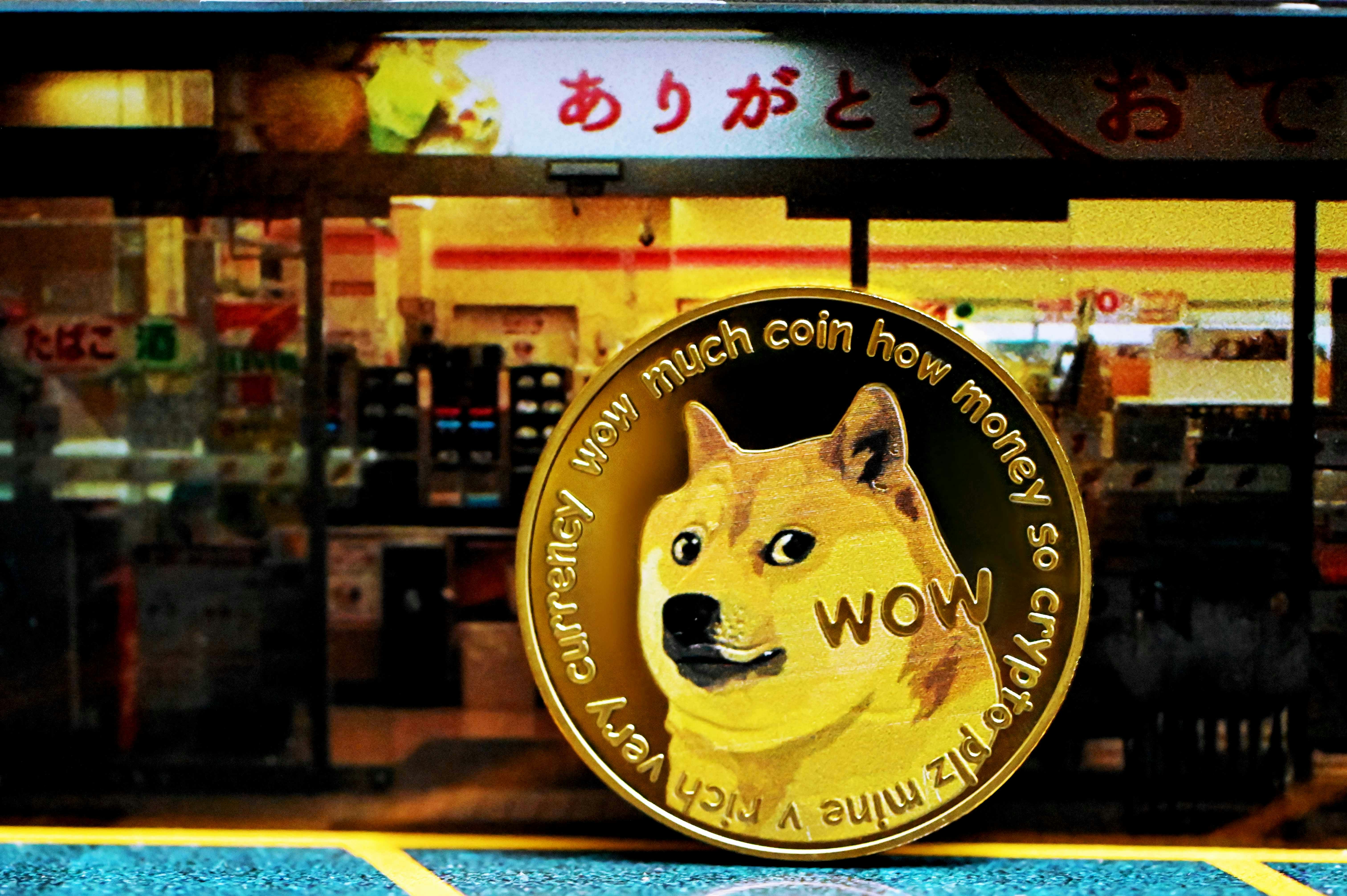 A dogecoin in front of a restaurant background.