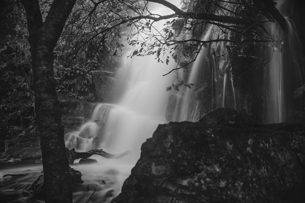 grayscale photo of water falls