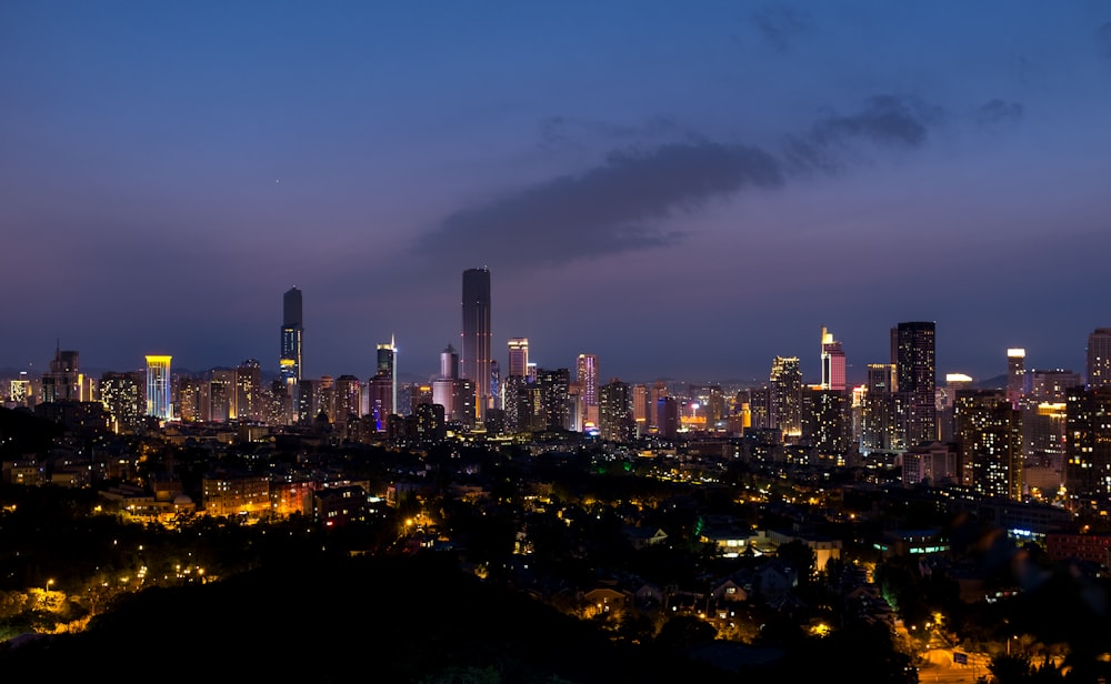 city skyline during night time