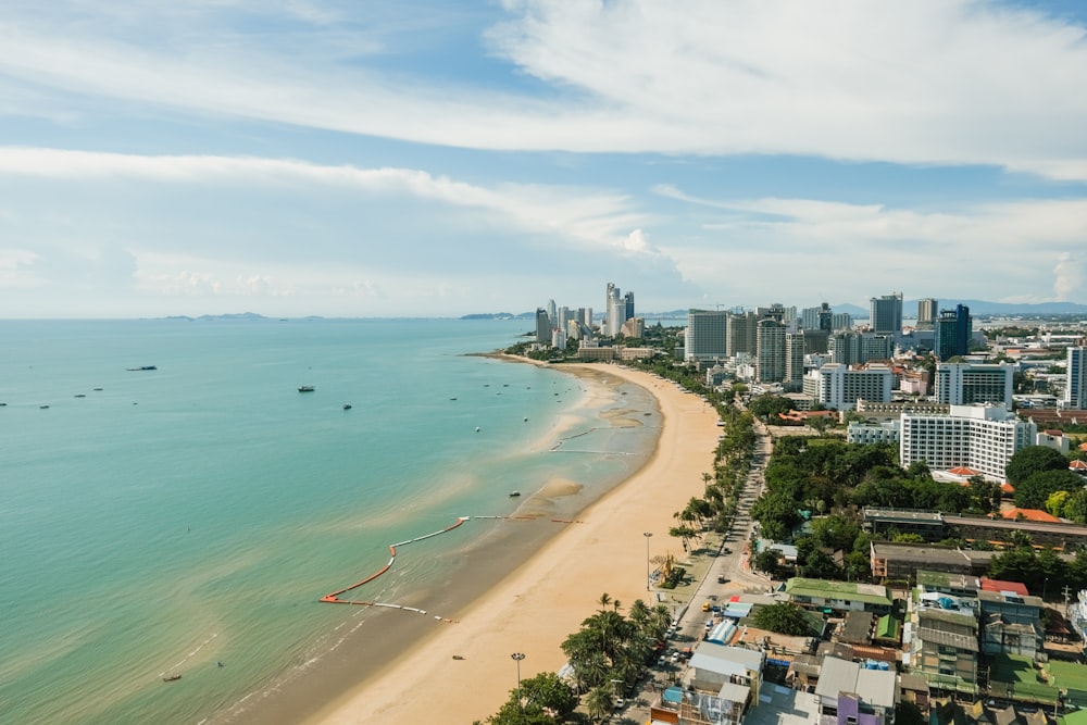 aerial view of city buildings near sea during daytime