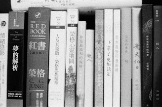 white and black book on white wooden shelf