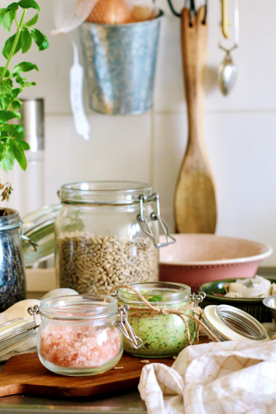 Natural homekeeping ingredients on a kitchen counter