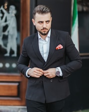 man in black suit jacket and white dress shirt