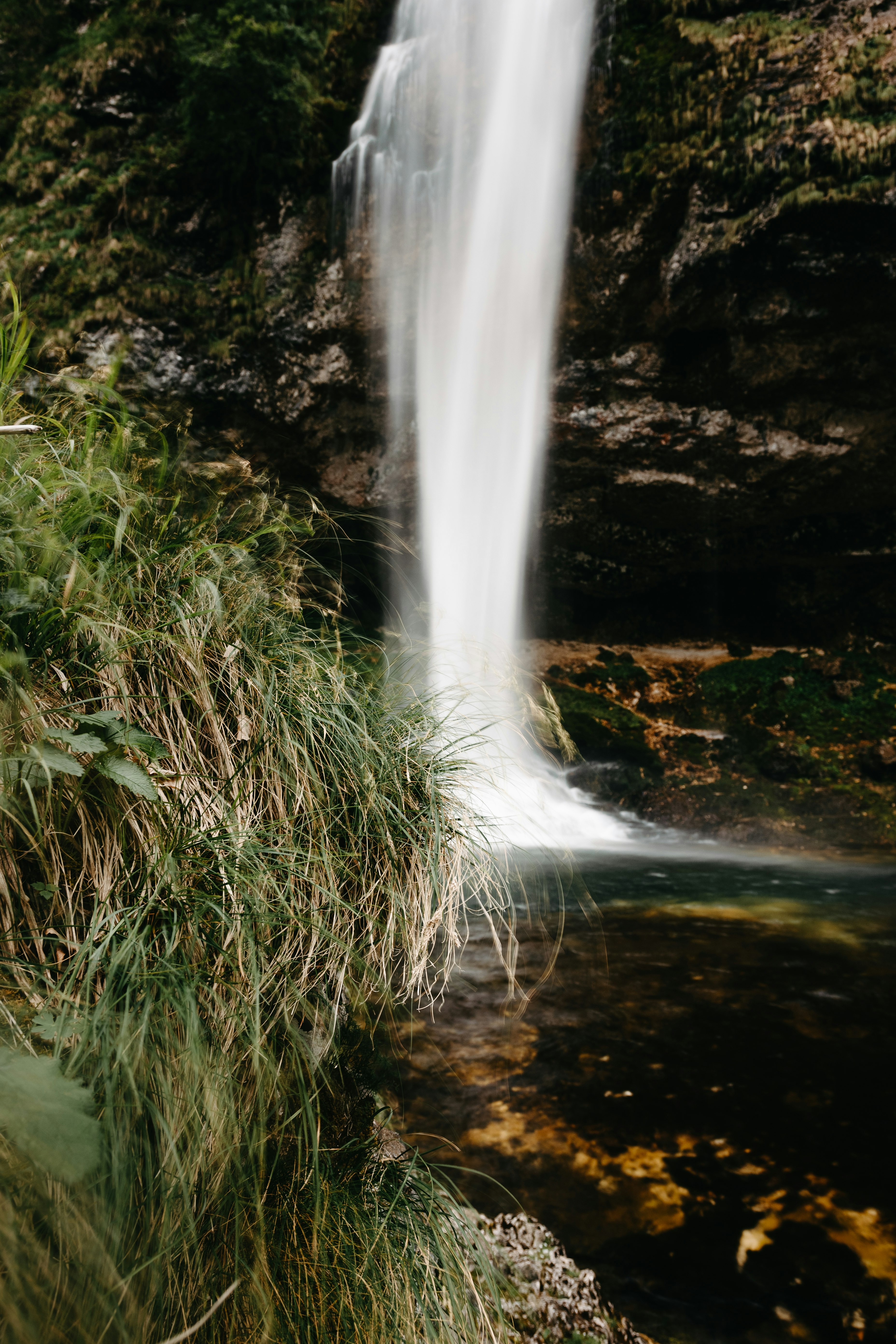 water falls in the middle of green grass