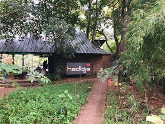 A cozy outdoor café surrounded by lush greenery, featuring a brick building with a metal roof. A sign reading 'hadiqa' is visible at the entrance. The area is shaded by tall trees, and a narrow path leads up to the café.