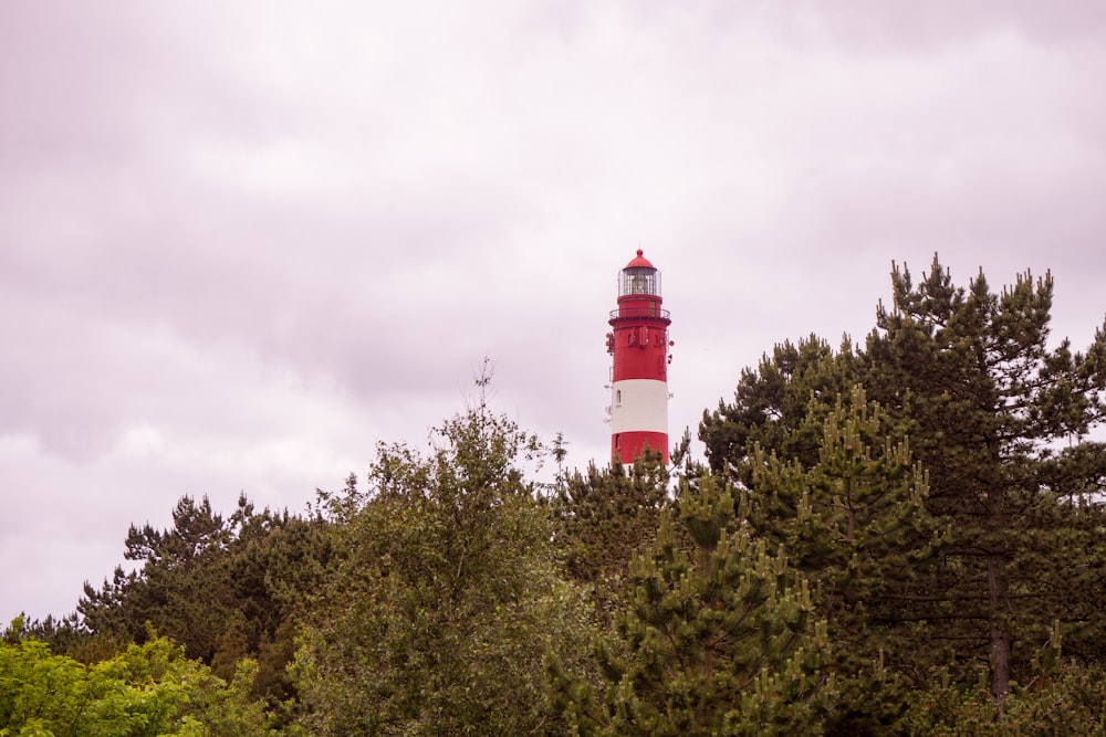 rot-weißer Leuchtturm tagsüber umgeben von grünen Bäumen unter weißen Wolken