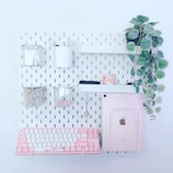 A minimalist and organized wall-mounted storage system featuring a variety of items including a pink and white keyboard, a tablet with a pink case, several small containers holding accessories, and a hanging pot with leafy green plants. The overall color scheme is pastel and soothing, with neat arrangement facilitating both functionality and aesthetics.