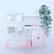 A minimalist and organized wall-mounted storage system featuring a variety of items including a pink and white keyboard, a tablet with a pink case, several small containers holding accessories, and a hanging pot with leafy green plants. The overall color scheme is pastel and soothing, with neat arrangement facilitating both functionality and aesthetics.