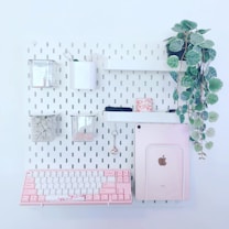 A minimalist and organized wall-mounted storage system featuring a variety of items including a pink and white keyboard, a tablet with a pink case, several small containers holding accessories, and a hanging pot with leafy green plants. The overall color scheme is pastel and soothing, with neat arrangement facilitating both functionality and aesthetics.