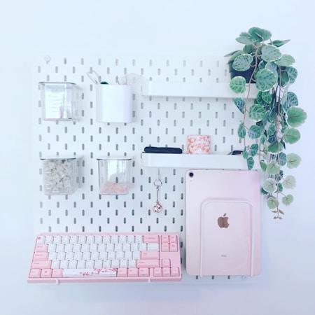 A minimalist and organized wall-mounted storage system featuring a variety of items including a pink and white keyboard, a tablet with a pink case, several small containers holding accessories, and a hanging pot with leafy green plants. The overall color scheme is pastel and soothing, with neat arrangement facilitating both functionality and aesthetics.
