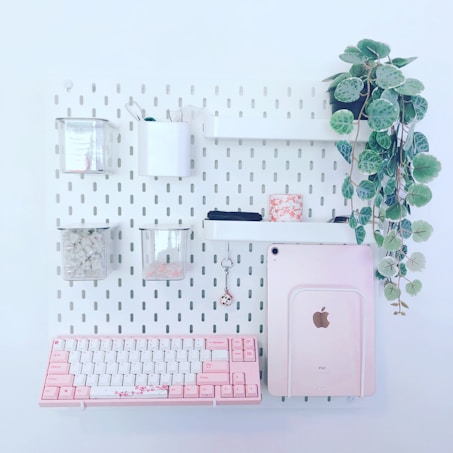 A minimalist and organized wall-mounted storage system featuring a variety of items including a pink and white keyboard, a tablet with a pink case, several small containers holding accessories, and a hanging pot with leafy green plants. The overall color scheme is pastel and soothing, with neat arrangement facilitating both functionality and aesthetics.