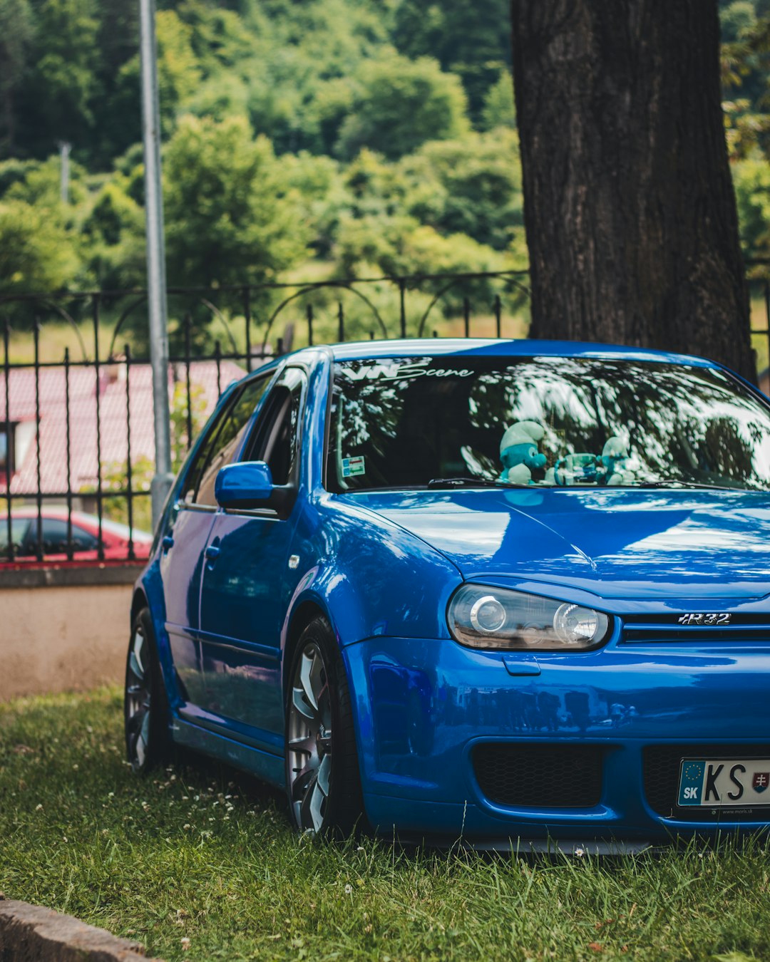 blue bmw m 3 parked on green grass field during daytime
