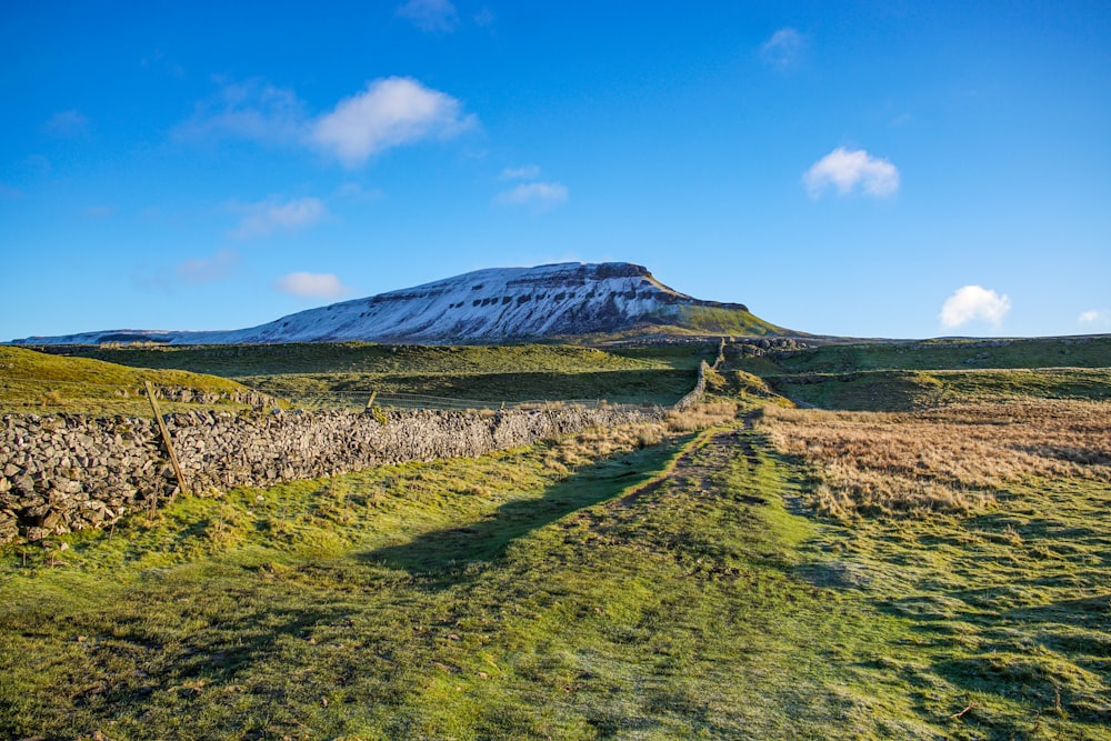 green grass field near mountain under blue sky during daytime