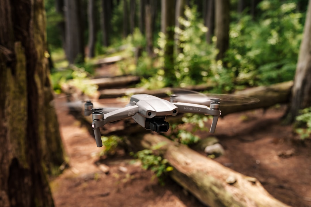 gray drone on brown wooden log during daytime