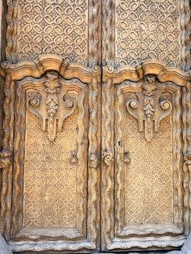 Intricately carved wooden doors feature elaborate geometric patterns and ornate floral motifs. The wood appears aged, showcasing natural textures and a warm color, enhancing the craftsmanship and artistic detailing on the surface.