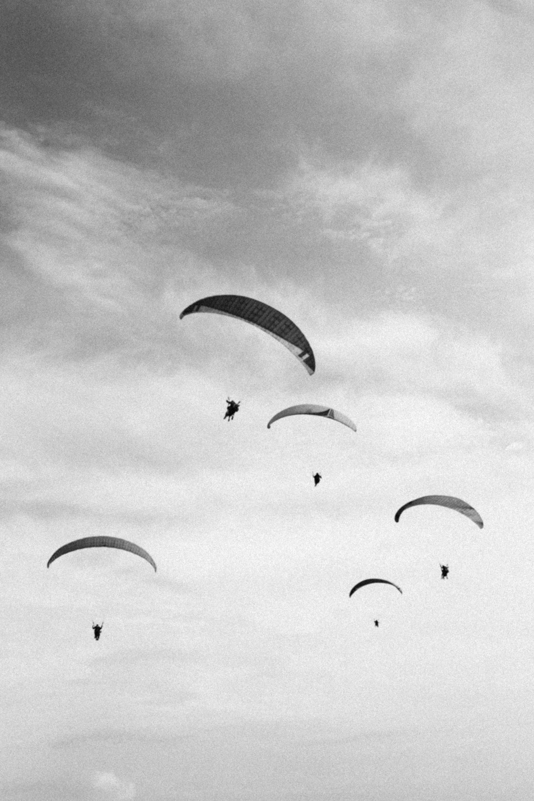 grayscale photo of people riding parachute