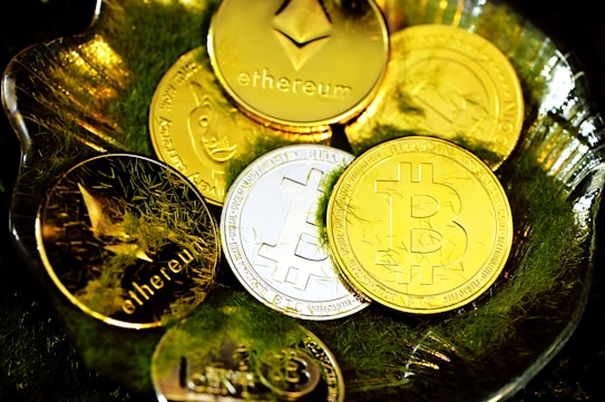 A collection of shiny cryptocurrency coins, including Bitcoin, Ethereum, and others, resting on a bed of green moss inside a transparent dish. The coins are gold and silver, reflecting light and creating a bright, luxurious appearance.