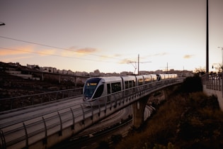 blue and white train on rail during daytime