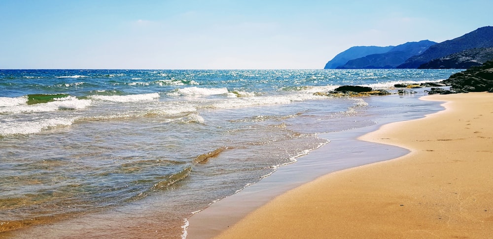 brown sand beach with blue ocean water during daytime