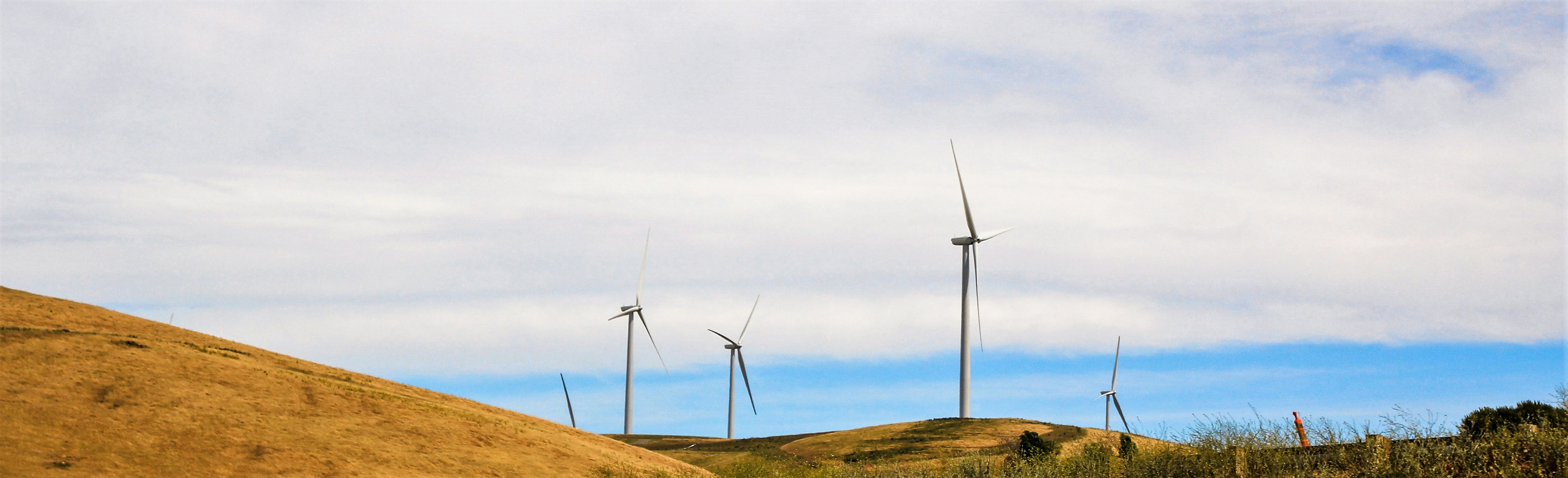 a group of wind turbines on a hill