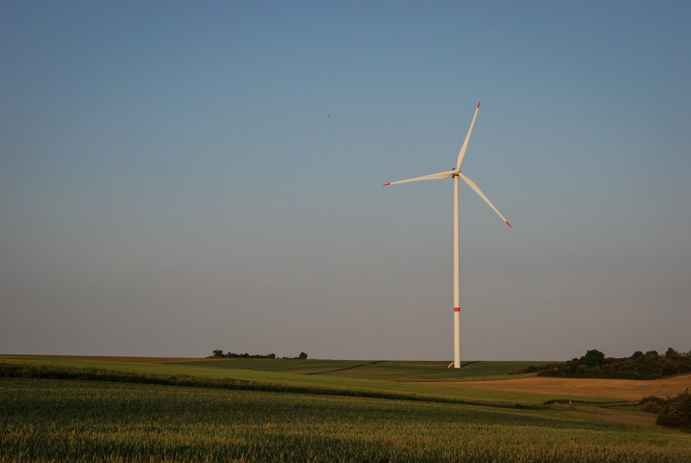 Turbina eólica blanca en campo de hierba verde bajo cielo azul durante el día