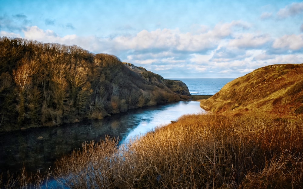 brown and green mountain beside body of water under white clouds during daytime