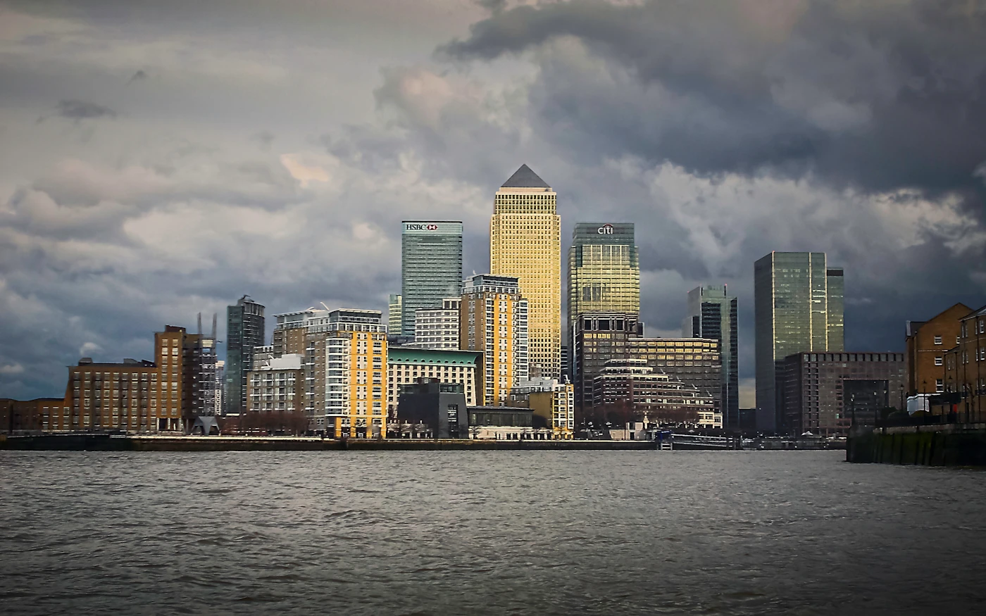 Canary Wharf skyline at night across the River Thames, near the Isle of Dogs