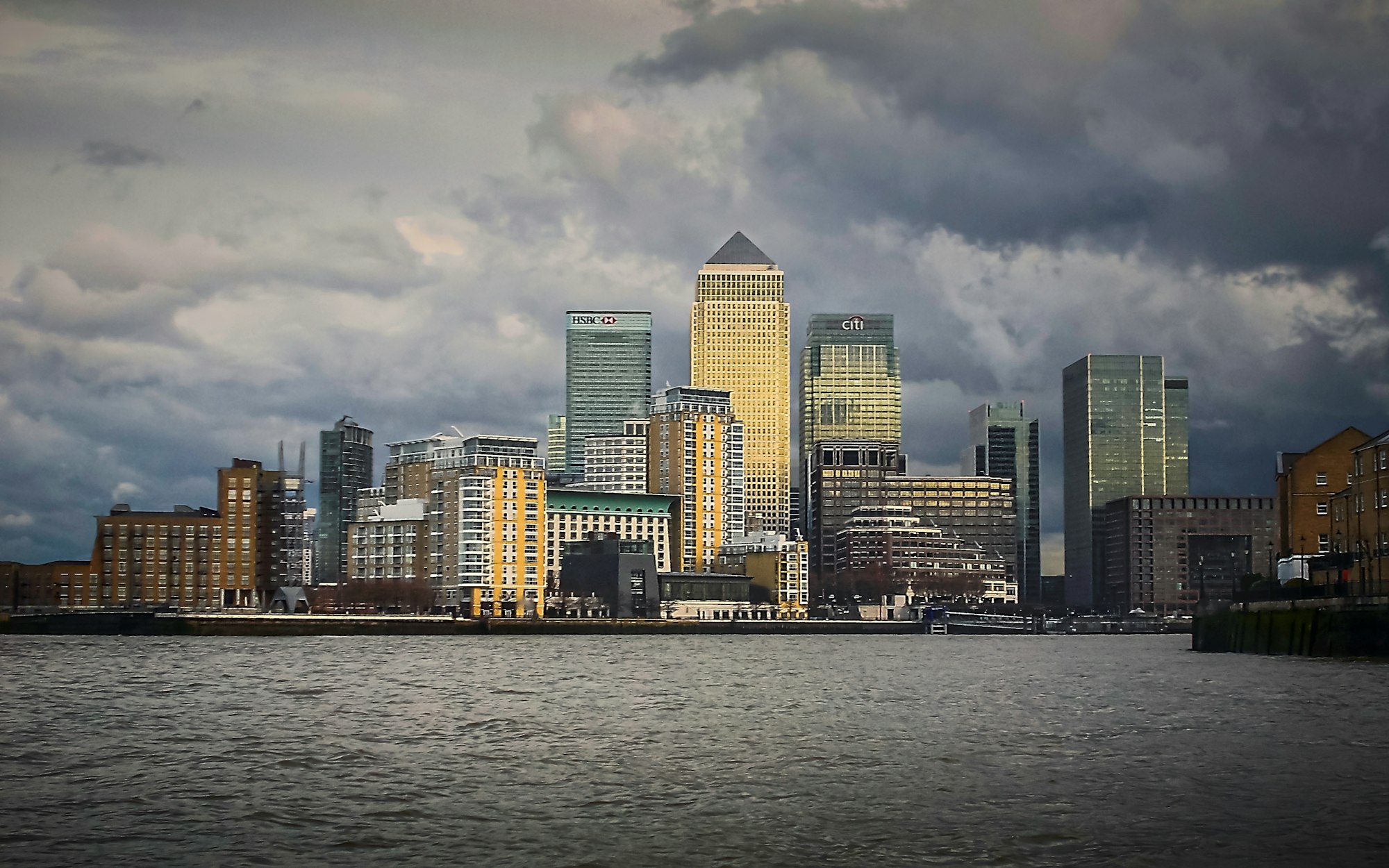 Canary Wharf, London, during a winter storm (Jan., 2015).