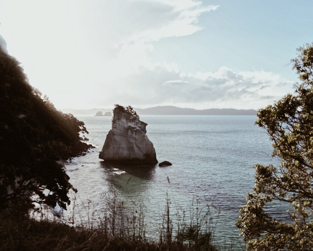 brown rock formation on body of water during daytime