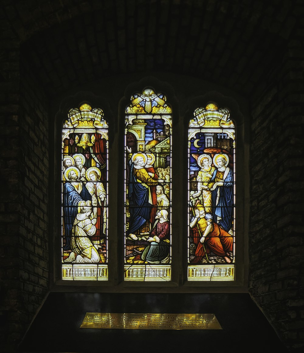 blue red and yellow glass window