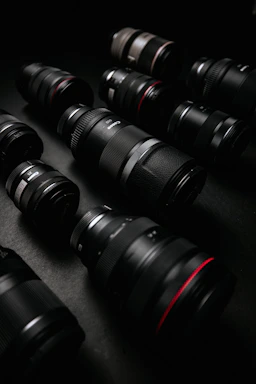 A close-up shot of vintage camera lenses arranged artfully on a dark surface.