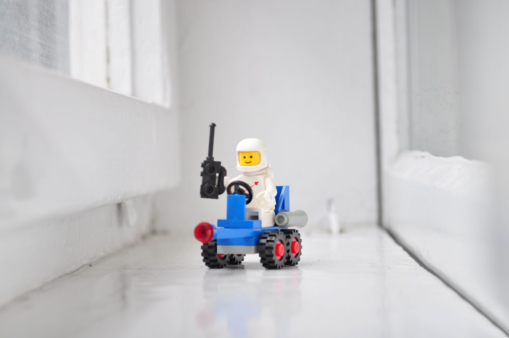 blue red and black lego toy