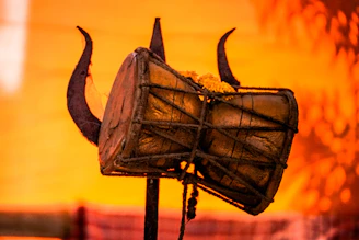 A warm, inviting photo of a West African drummer playing a djembe at golden hour, with soft terracotta and forest green hues in the background.