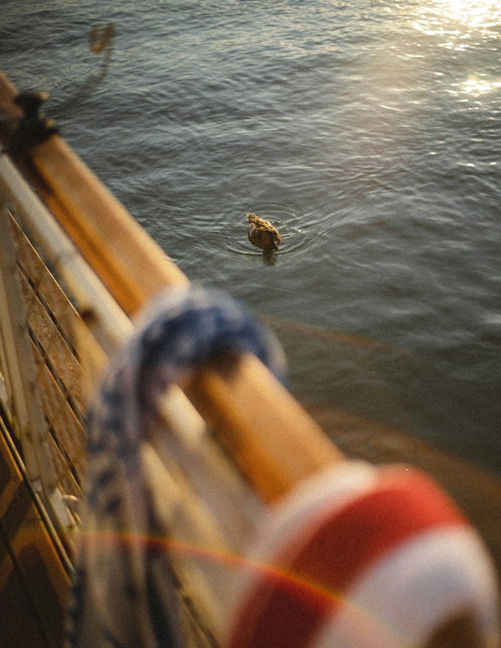 茶色の木製ボートに青いロープ