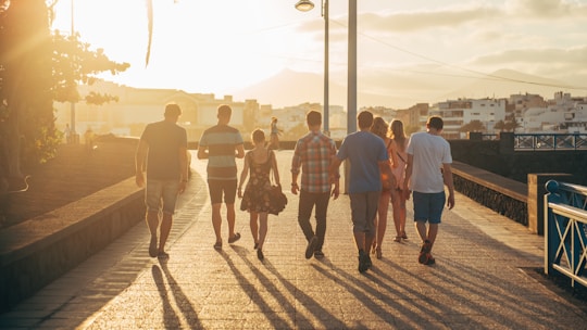A small group walking along a scenic harbor trail with city skyline in the background during sunset.