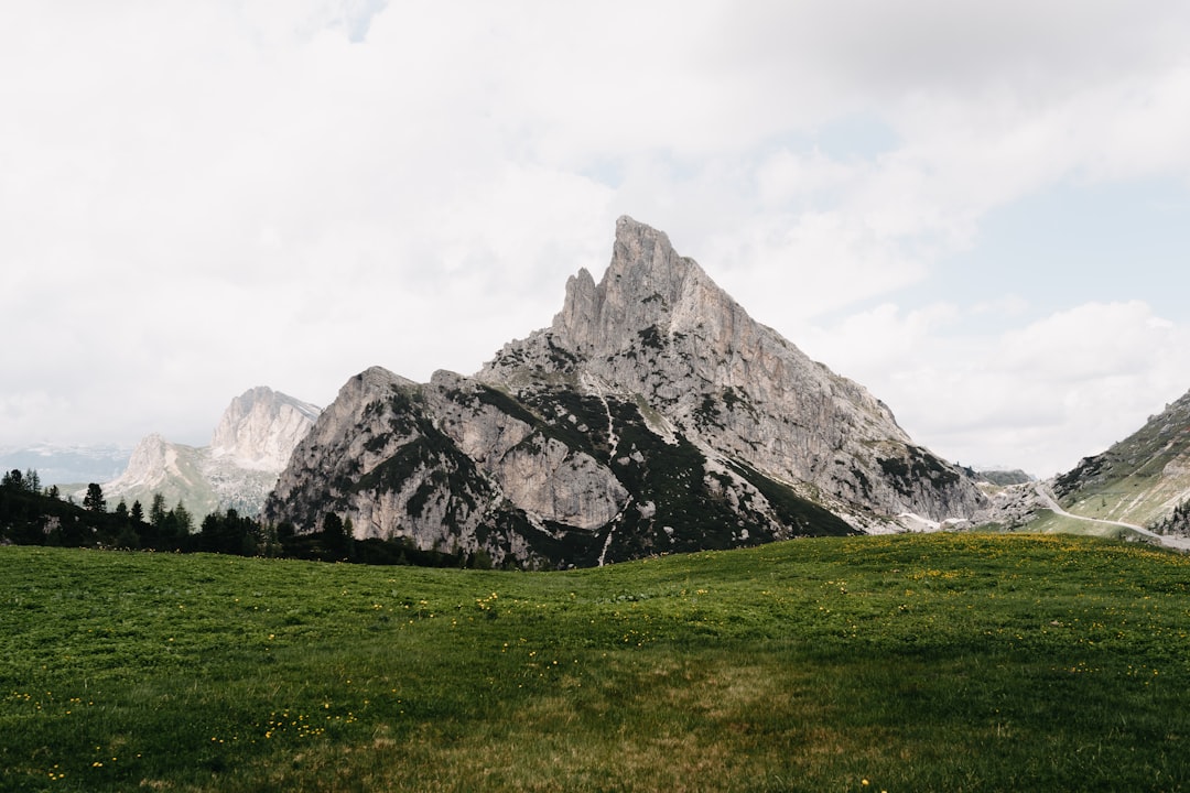 green grass field near gray rocky mountain under white sky during daytime