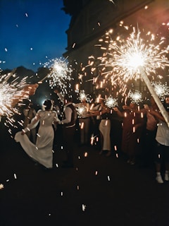 people standing and watching fireworks display during night time