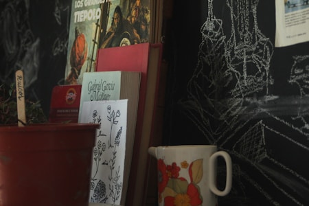 A collection of books stands against a chalkboard with various chalk drawings. A red plant pot with a wooden label marked 'Rucos' and a ceramic mug decorated with colorful flowers are positioned nearby. One of the visible books is by Gabriel Garcia Marquez.