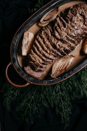 brown and black round plate